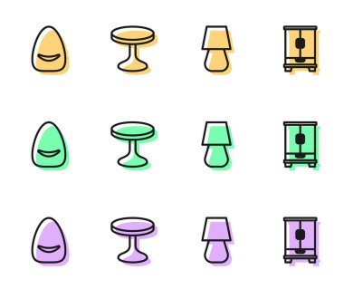 Masa lambasını, Pouf 'u, Yuvarlak Masa' yı ve Gardırop ikonunu ayarla. Vektör