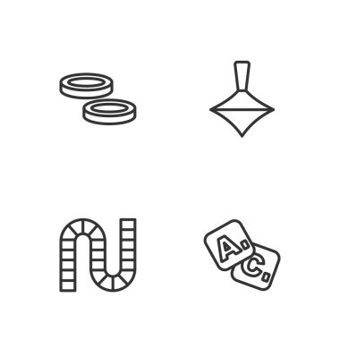 Çizgi Bingo, Tahta oyunu, Checker çipleri ve Whirligig oyuncak ikonu. Vektör