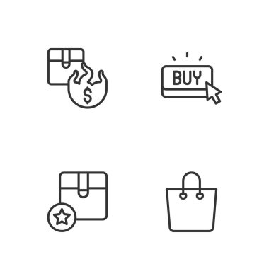 Kağıt alışveriş çantası, karton kutu, sıcak fiyat ve satın alma düğmesi simgesi. Vektör