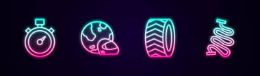 Stopwatch, yarış kaskı, araba tekerleği ve pist ayarlayın. Parlayan neon ikonu. Vektör