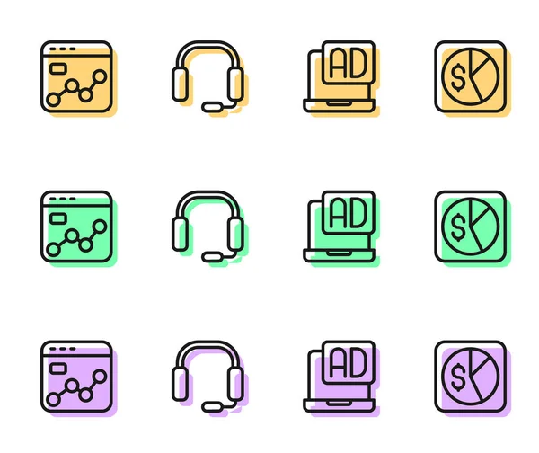 Establecer Línea Publicidad Análisis Mercado Auriculares Icono Vector — Vector de stock