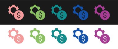 Siyah ve beyaz arkaplanda dolar sembolü simgesi olan Gear 'ı ayarla. İş ve finans kavramsal ikonu. Vektör