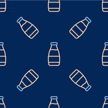 Süt ikonlu çizgi kaplı cam şişe mavi arka planda izole edilmiş pürüzsüz desen. Vektör