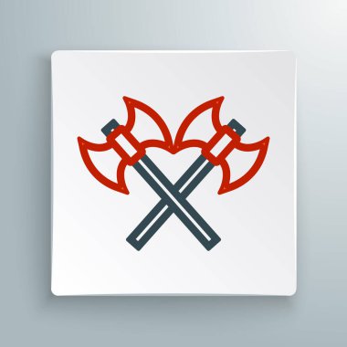 Çizgiyi aşan ortaçağ eksen simgesi beyaz arkaplanda izole edildi. Savaş baltası, cellat baltası. Ortaçağ silahı. Renkli taslak konsepti. Vektör