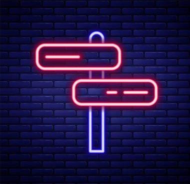 Parlayan neon hat trafik levhası. Tuğla duvar arkaplanındaki işaret simgesi izole edildi. İşaretçi sembolü. İzole sokak bilgi levhası. Yön tabelası. Renkli taslak konsepti. Vektör