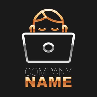 Laptop simgesinde çalışan çizgi öğrencisi siyah arkaplanda izole edildi. İş yeri konsepti. Renkli taslak konsepti. Vektör