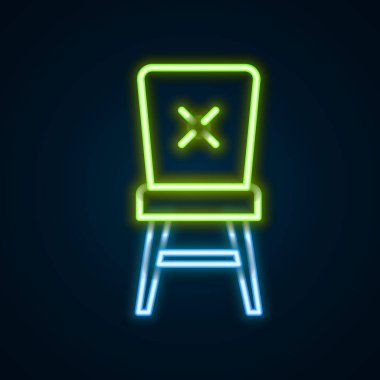Parlayan neon çizgili sandalye simgesi siyah arkaplanda izole edildi. Renkli taslak konsepti. Vektör