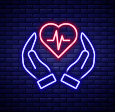 Parlayan neon hattı hayat sigortası ikonu tuğla duvar arkasında izole edilmiş. Güvenlik, güvenlik, koruma, konsept koruma. Renkli taslak konsepti. Vektör