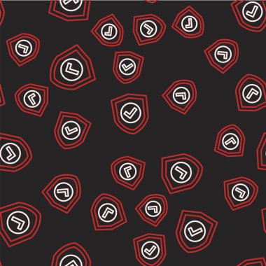 Kontrol işareti simgesine sahip çizgi kalkanı siyah arkaplanda izole edilmiş. Koruma sembolü. Güvenlik kontrolü Simge. Kene izi onaylı simge. Vektör