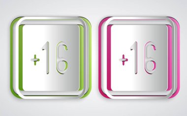 Kağıt kesiği + 16 film simgesi gri arkaplanda izole edildi. Yetişkin içeriği. On altı artı ikon. Sansürlü iş konsepti. Kağıt sanatı tarzı. Vektör