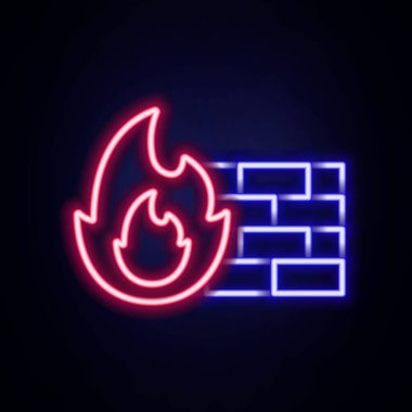 Parlayan neon hattı Firewall, güvenlik duvarı simgesi tuğla duvar arkasında izole edilmiş. Renkli taslak konsepti. Vektör
