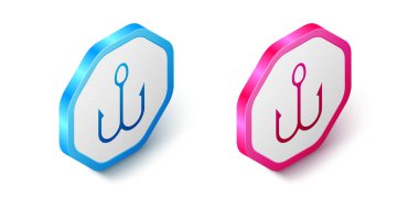 Isometric Balıkçılık kancası simgesi beyaz arkaplanda izole edildi. Balık oltası. Altıgen düğmesi. Vektör