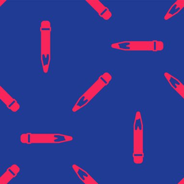 Silgi simgesine sahip kırmızı kalem mavi arkaplanda izole edilmiş pürüzsüz desen. Çizim ve eğitim araçları. Okul sembolü. Vektör