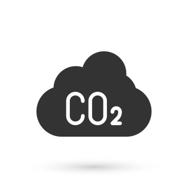 Bulut simgesindeki gri CO2 emisyonları beyaz arka planda izole edildi. Karbondioksit formülü, duman kirliliği konsepti, çevre konsepti. Vektör