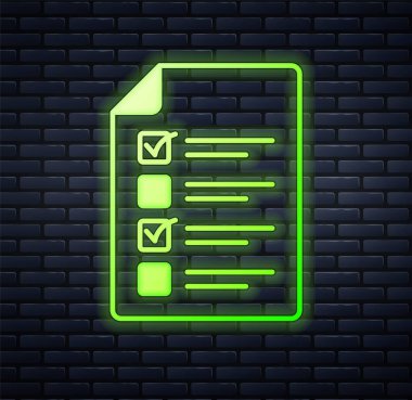 Parlayan neon çevrimiçi sınav, test, inceleme ya da kontrol listesi simgesi tuğla duvar arka planında izole edildi. Sınav listesi. E-eğitim konsepti. Vektör