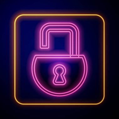 Parlayan neon açık asma kilit simgesi siyah arkaplanda izole edildi. Kilit açık işareti. Siber güvenlik kavramı. Dijital veri koruması. Vektör