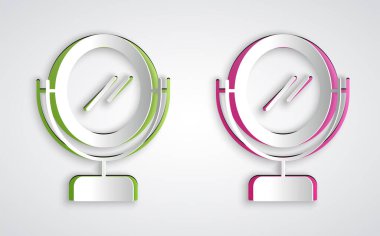 Kağıt kesiği, gri arkaplanda izole edilmiş yuvarlak makyaj aynası ikonu. Kağıt sanatı tarzı. Vektör