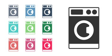Siyah çamaşır makinesi simgesi beyaz arkaplanda izole edilmiş. Çamaşır makinesi simgesi. Çamaşır makinesi, çamaşır makinesi. Ev aletleri sembolü. Simgeleri renklendirin. Vektör