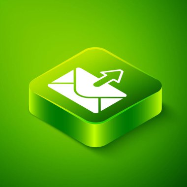 Isometric E- posta ve e- posta simgesi yeşil arkaplanda izole edildi. Zarf sembolü e-postası. E- posta kodu. Yeşil kare düğmesi. Vektör
