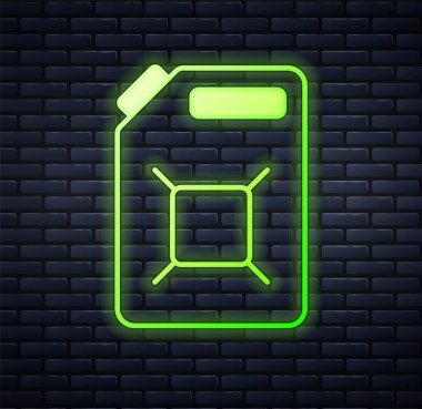 Tuğla duvar arkasında izole edilmiş benzin ikonu için parlayan neon teneke kutu. Dizel gaz ikonu. Vektör