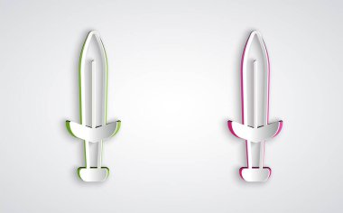 Kağıt kesiği Ortaçağ kılıç simgesi gri arka planda izole edilmiş. Ortaçağ silahı. Kağıt sanatı tarzı. Vektör