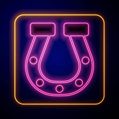 Parlayan neon renkli at nalı simgesi siyah arkaplanda izole edildi. Vektör