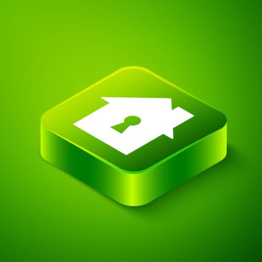 Yeşil arka planda izole edilmiş koruyucu ikon altındaki Isometric Evi. Ev ve kalkan. Koruma, güvenlik, güvenlik, koruma, savunma konsepti. Yeşil kare düğmesi. Vektör