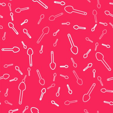 Beyaz çizgi çay kaşığı simgesi kırmızı zeminde izole edilmiş. Mutfak aletleri. Çatal bıçak seti. Vektör