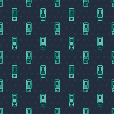 Yeşil çizgi USB flash disk simgesi mavi arkaplanda izole edilmiş pürüzsüz desen. Vektör