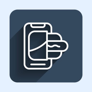 Mobil ikon üzerindeki beyaz çizgi yiyecek siparişi uzun gölge arkaplanı ile izole edildi. Cep telefonuyla sipariş verin. Restoran yemek teslimatı konsepti. Mavi kare düğme. Vektör