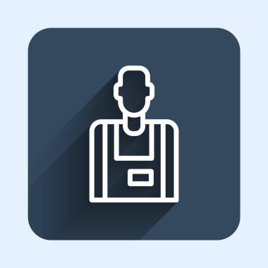 Beyaz çizgi satıcı simgesi uzun gölge arkaplanı ile izole edildi. Mavi kare düğme. Vektör