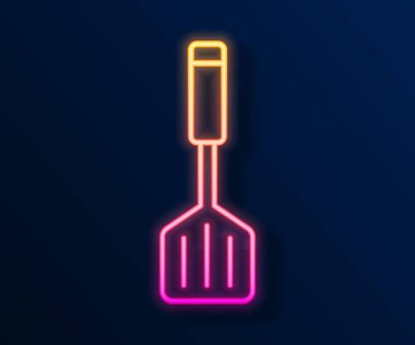 Parlayan neon çizgisi Spatula simgesi siyah arkaplanda izole edildi. Mutfak spatula ikonu. Barbekü spatula işareti. Barbekü ve ızgara aleti. Vektör