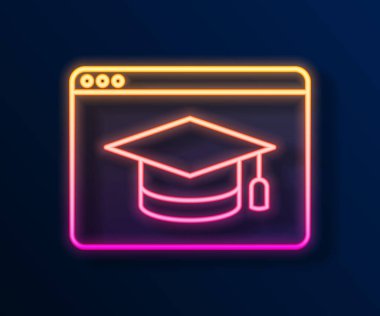 Parlayan neon hattı Online eğitim ve mezuniyet ikonu siyah arka planda izole edildi. İnternetteki öğretmen monitörde. Giyinme ve video semineri öğrenme. Vektör