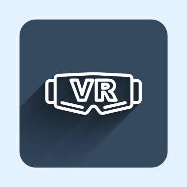 Beyaz çizgi Sanal gerçeklik gözlüğü simgesi uzun gölge arkaplanı ile izole edilmiş. Stereoskopik 3D VR maskesi. Optik baş monte edildi. Mavi kare düğme. Vektör
