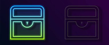 Parlayan neon hattı Antika hazine sandığı simgesi siyah arka planda izole edildi. Altın sikkeli klasik tahta sandık. Vektör