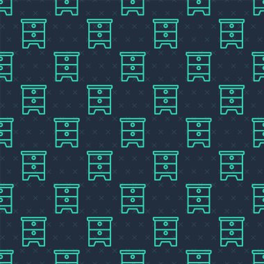 Yeşil çizgi mobilya komodininin simgesi mavi arkaplanda izole edilmiş pürüzsüz desen. Vektör