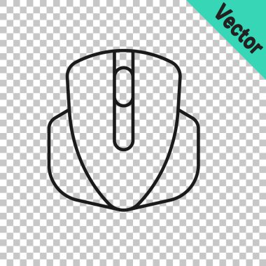 Siyah çizgi bilgisayar fare oyun simgesi şeffaf arkaplanda izole edildi. Tekerlek sembollü optik. Vektör