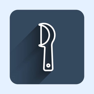 Beyaz çizgi diş ipi simgesi uzun gölge arkaplanı ile izole edilmiş. Mavi kare düğme. Vektör