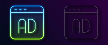 Parlayan neon hattı reklam simgesi siyah arkaplanda izole edildi. Pazarlama ve tanıtım süreci kavramı. İlgili reklamlar. Sosyal medya reklamcılığı. Vektör