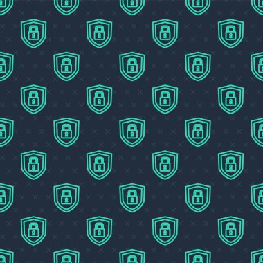 Yeşil Hat Kalkan güvenliği mavi arka planda izole edilmiş ikon izole edilmiş. Koruma, güvenlik, şifre güvenliği. Güvenlik duvarı gizlilik levhası. Vektör