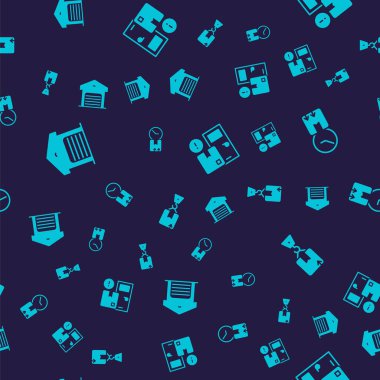 Depo 'yu, saatli karton kutuyu, teslimat servisini ve kusursuz desenli Crane kartonunu ayarla. Vektör