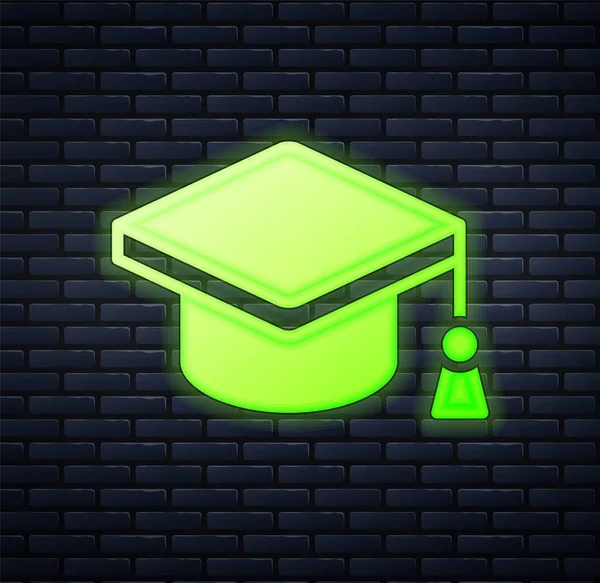 Icono Tapa Graduación Neón Brillante Aislado Fondo Pared Ladrillo Sombrero — Vector de stock