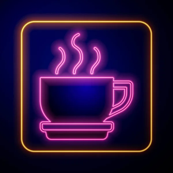 Gloeiende Neon Coffee Cup Pictogram Geïsoleerd Zwarte Achtergrond Theekopje Warme — Stockvector