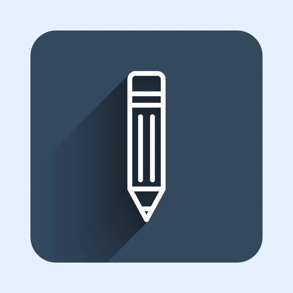 白线铅笔与橡皮图标隔离长阴影背景 绘画和教育工具 学校的校徽蓝色正方形按钮 — 图库矢量图片