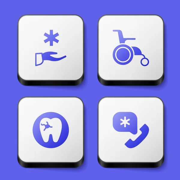 设置十字医院医疗 轮椅为残疾人 牙齿与龋和紧急呼叫911图标 白色正方形按钮 — 图库矢量图片