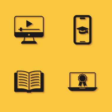 Çevrimiçi oyun videosu, diplomalı eğitim, Açık Kitap ve uzun gölgeli Mezuniyet Şapkası Mobil ikonu. Vektör