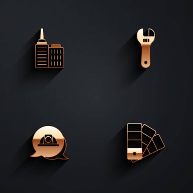 Şehir peyzajını ayarla, ayarlanabilir anahtar, işçi kaskı ve uzun gölgeli renk palet ikonu. Vektör