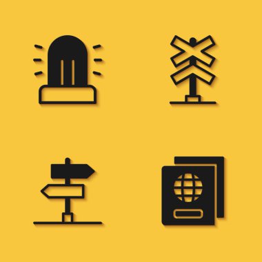 Flasher sirenini, pasaportunu, trafik işaretini ve uzun gölgeli tren yolu ikonunu ayarla. Vektör