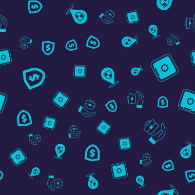 Kalkan 'ı dolar, kasa, konum kalkanı ve el çantası ile kusursuz desenli ayarlayın. Vektör