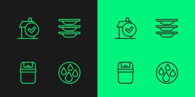 Hattı kurun. Su, çöp tenekesi, ev temizliği ve bulaşık yıkama ikonu. Vektör